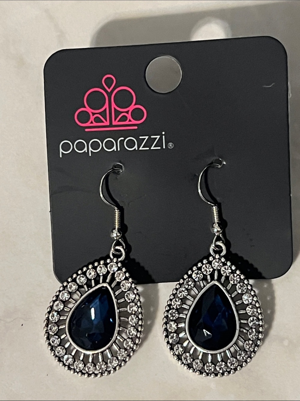 Paparazzi Silver Teardrop Earrings with Deep Blue Stone